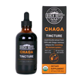 Organic chaga tincture bottle with dropper, amber glass and Chaga label, plus retail box