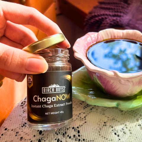 ChagaNOW in hand next to flower cup of chaga tea