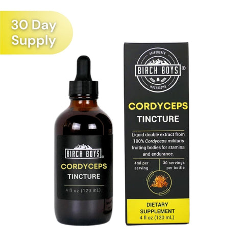 Birch Boys Cordyceps Tincture bottle next to its box. Text reads "30 Day Supply"
