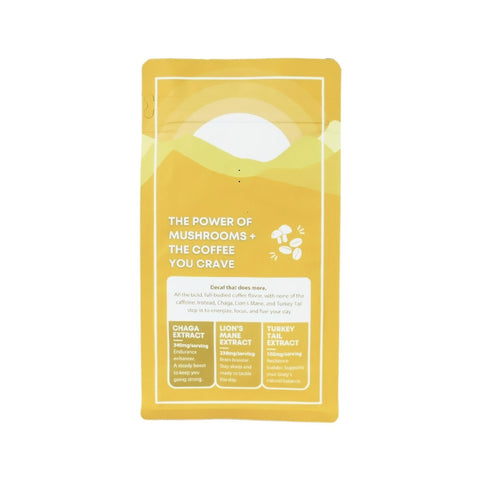 Back of Birch Boys Mushroom Coffee bag. A tagline reads "The power of mushrooms + the coffee you crave." Below is more information about Chaga, Lion's Mane and Turkey Tail extracts blended with the coffee.