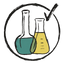 Two beakers with colored liquids inside a circle with a check mark.