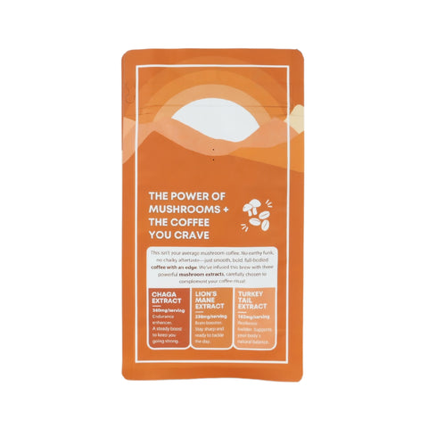 Back of a bag of Birch Boys Mushroom Coffee. Tagline reads "The power of mushrooms  the coffee you crave." Below, there's more information on Chaga, Lion's Mane, and Turkey Tail extracts included in the coffee.