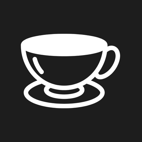 A white icon of a teacup on a dark gray background