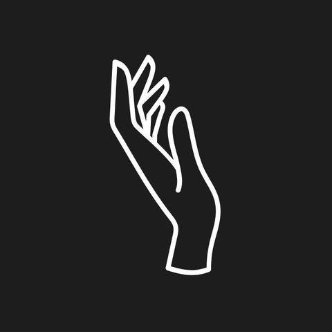 A white icon of a hand on a dark gray background