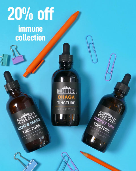 Three tincture bottles with labels on a blue background, 20% off immune collection sale.