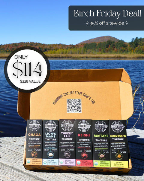 Box of mushroom extract tinctures with a scenic background and Birch Friday Deal text.