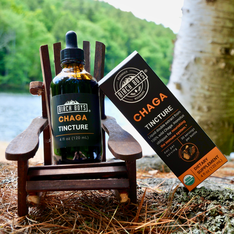 Birch Boys chaga tincture bottles and angled box on wooden tray