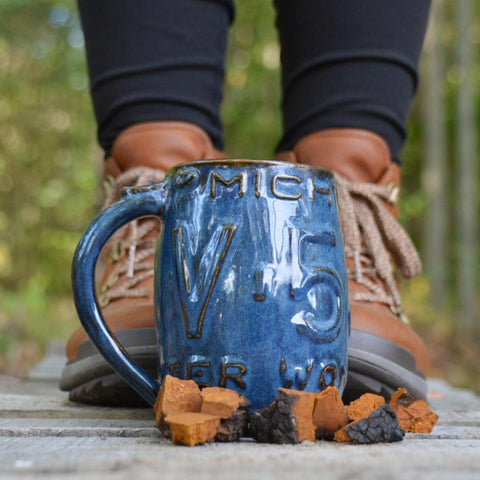 Blue mug, hiking boots and chaga chunks