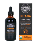 Organic chaga tincture bottle with dropper, amber glass and Chaga label, plus retail box