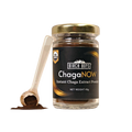 Instant chaga extract powder jar with label and small scoop of dark powder