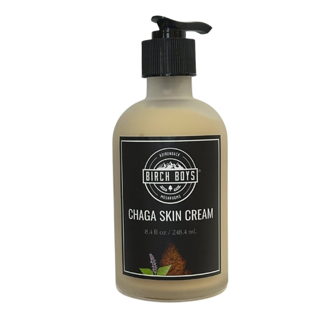 Chaga skin cream bottle with pump, Birch Boys label, amber liquid