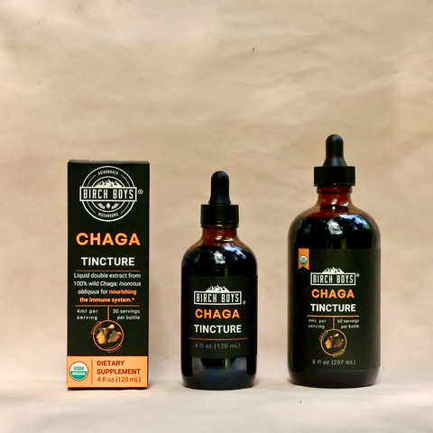 Birch Boys chaga tincture box and two amber bottles with black droppers