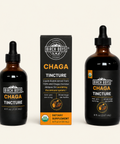 Three-pack layout of Birch Boys chaga tincture bottles with black droppers and box