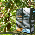 Two dietary supplement boxes labeled 'Chaga' and 'Lion's Mane' on a wooden surface with a natural background.