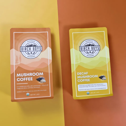 Two packages of Birch Boys Mushroom Coffee on a yellow and orange background
