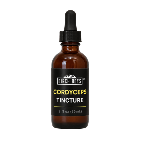 Cordyceps tincture dropper bottle, amber glass with Birch Boys label and black cap