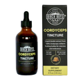 Cordyceps tincture dropper bottle and carton, dark amber liquid, dietary supplement.