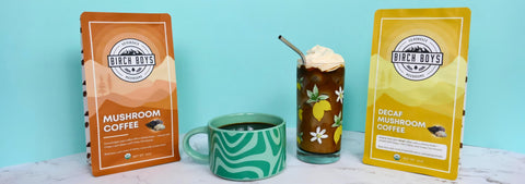 Mushroom coffee and decaf mushroom coffee, hot and iced with foam. 
