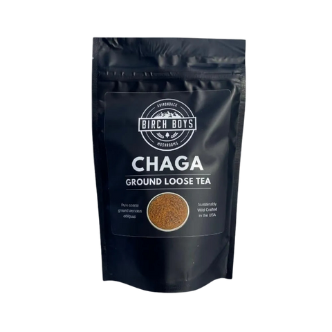 Ground chaga loose tea pouch in dark resealable bag