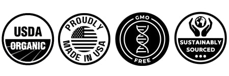 USDA Organic Seal, Made in USA Seal, GMO Free Seal, Sustainably Sourced Seal