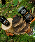 Birch Boys chaga tincture bottles and box on chaga mushroom stump