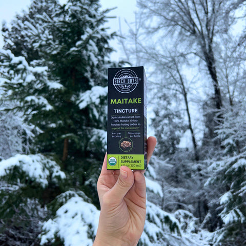 Hand holding a supplement bottle labeled 'Birch Boys Maitake Tincture' against a snowy forest background