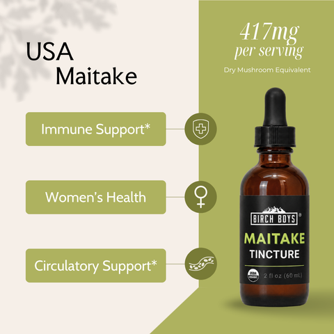 Organic maitake tincture bottle in dark amber glass with dropper and Birch Boys label