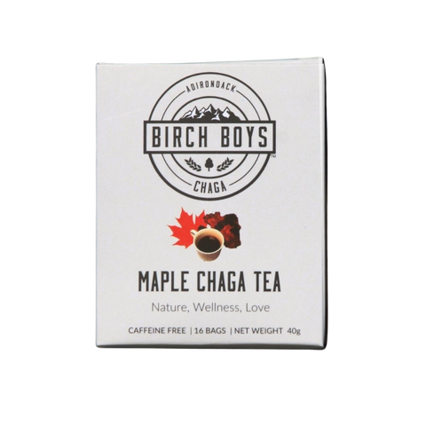 Maple chaga tea bags box with Birch Boys logo and maple leaf graphic