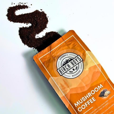 Mushroom Coffee with Grounds Spilling Out