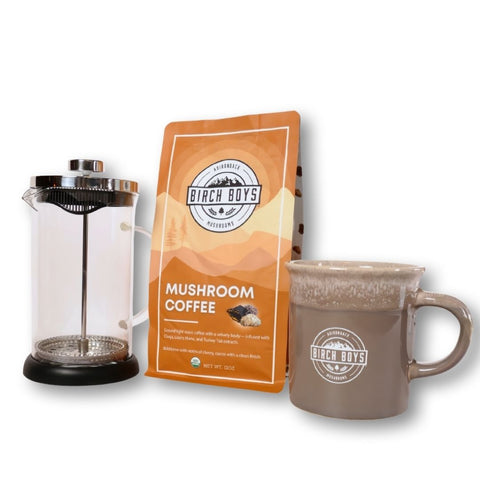 Birch Boys Mushroom Coffee package with a French press and mug on a white background