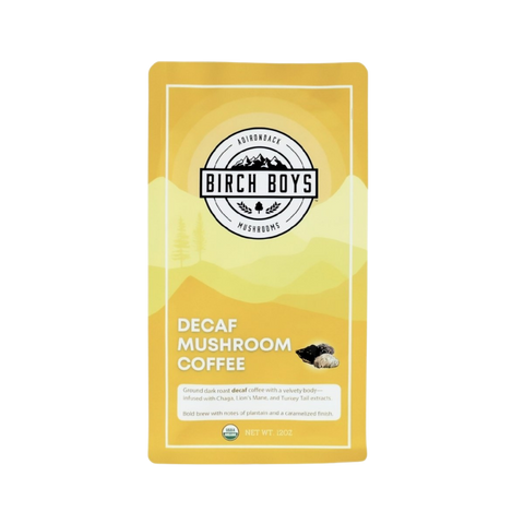 Decaf mushroom coffee bag, Birch Boys brand, yellow pouch