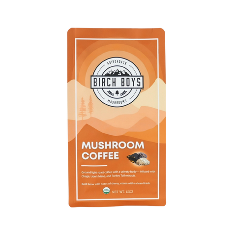 Birch Boys mushroom coffee bag, orange label, 12 oz