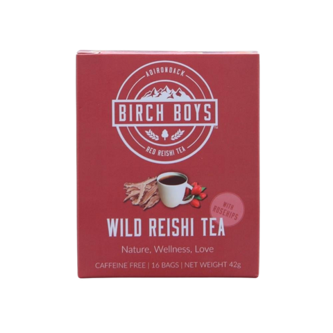 Birch Boys Wild Reishi tea bags box, red with reishi and rosehip branding
