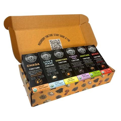 Open box containing various mushroom tincture packages
