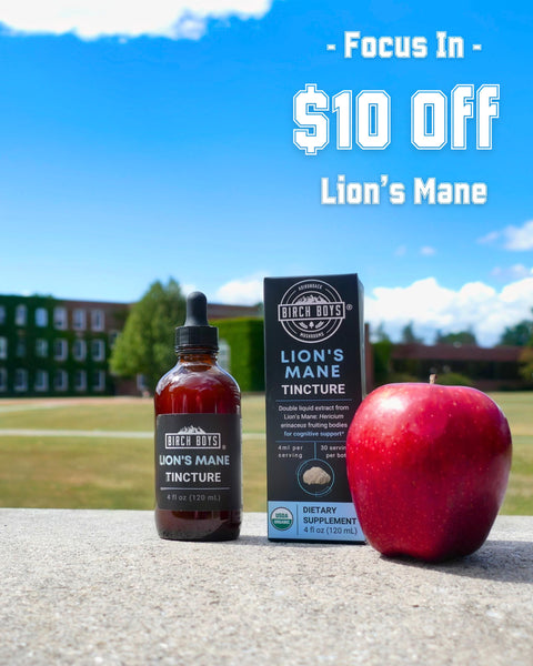 Black Boys Lion's Mane Tincture bottle and box with an apple on a college campus
