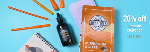 Bottle of chaga tincture, bag of mushroom coffee, and colorful markers on a blue background. 20% off immune collection. 