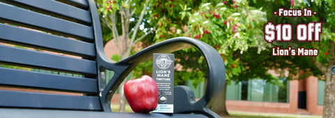 Bench with an apple and supplement box, blurred college park backround